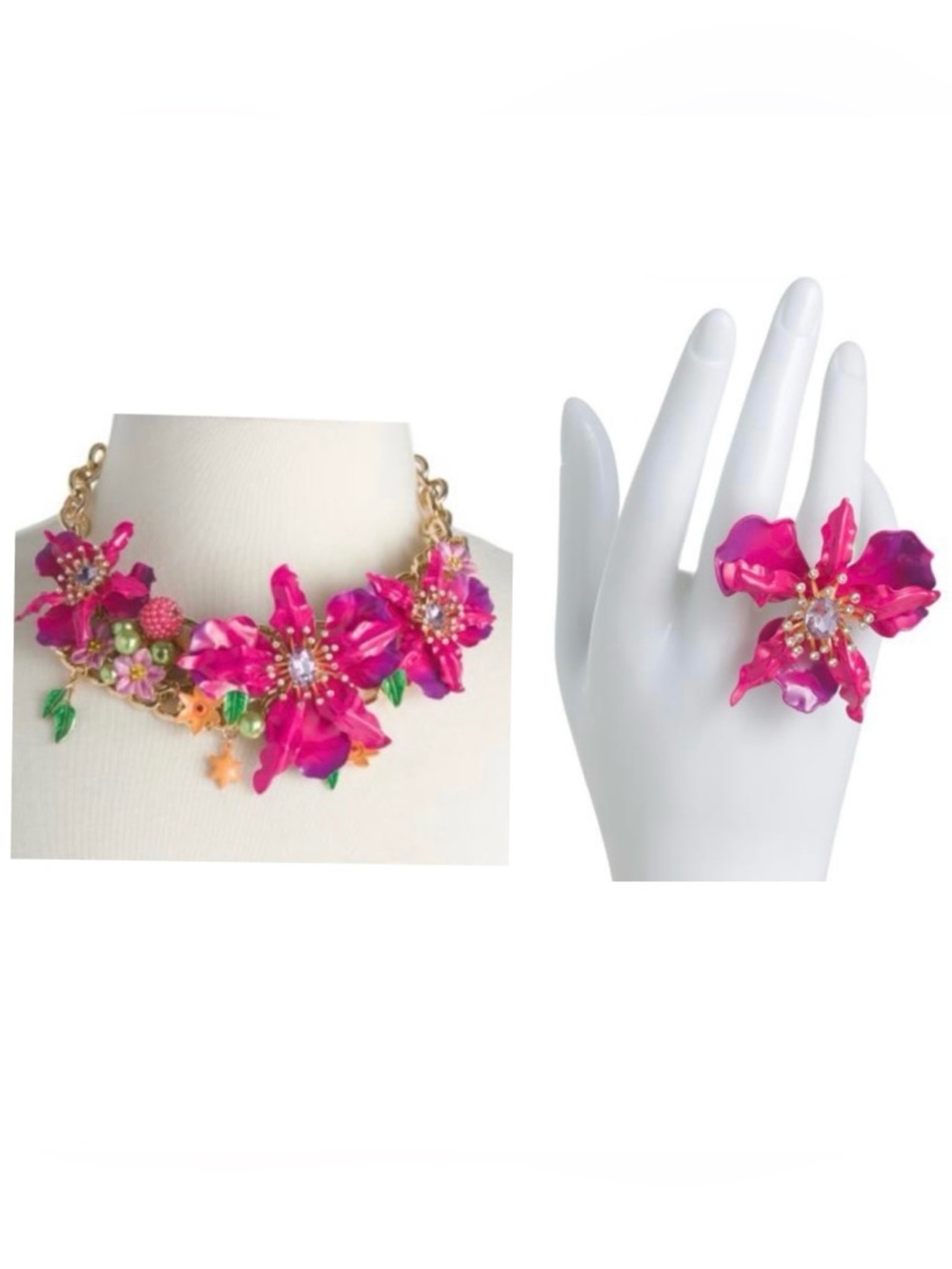 BETSEY JOHNSON SET Pink & Purple Ombré Orchid Tropical Necklace & Ring NEW NWT